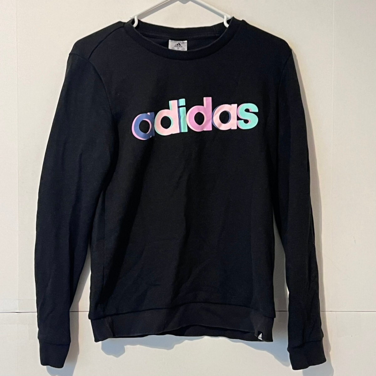 Adidas Womens Sweatshirt Size S Black Graphic Print Crew Neck Fleece  Pullover