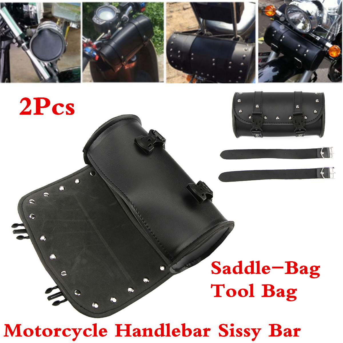 Motorcycle SaddleBag Pannier Sissy Bar Handlebar Roll Barrel Tool Bag Leather eBay