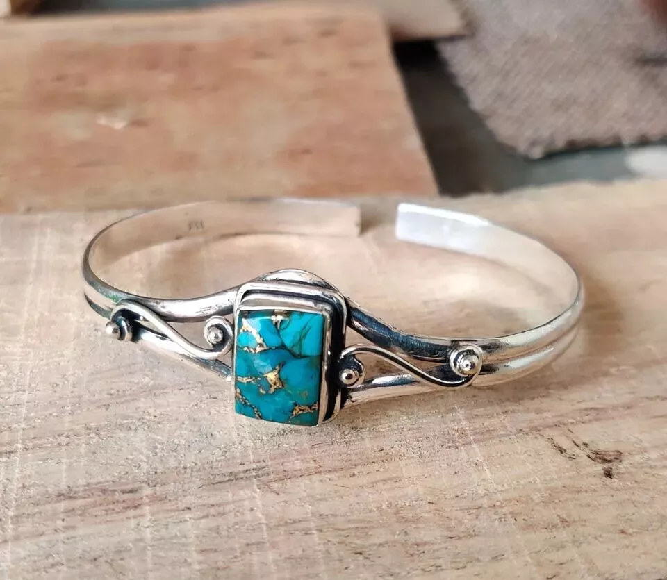 Blue Copper Turquoise Gemstone 925 Sterling Silver Handmade Bracelet Cuff  RT-85