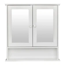 Double Door Mirror Indoor Bathroom Wall Mounted Cabinet Shelf White