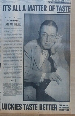 Large 1953 newspaper ad for Luckies Cigarettes - America's Comic Poet Ogden Nash