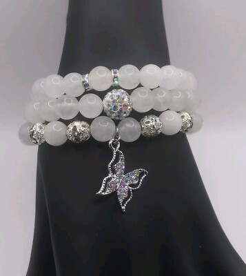 3pc Natural White Jade Beads Bling/ Butterfly Charm Bracelets