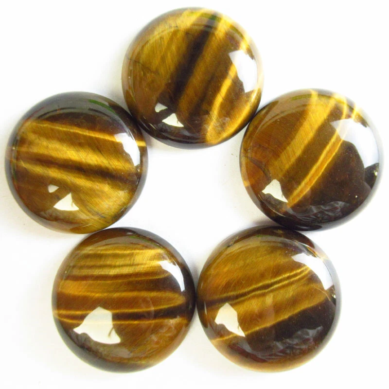5Pcs 25x6mm Yellow Tiger Eye Gem Round Cab Cabochon B63474 image 1