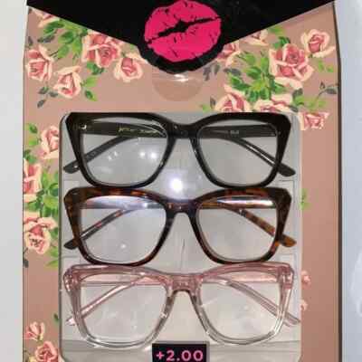 Betsey Johnson Readers Clear pink  black womens reading Glasses 3 pack +2.00