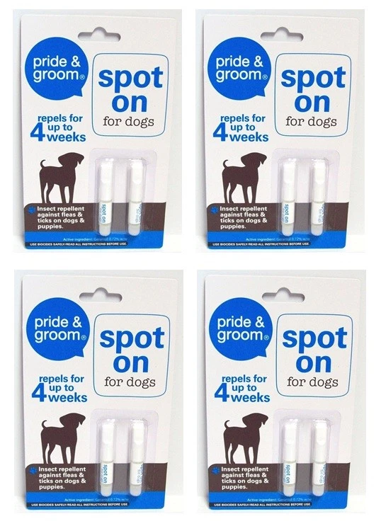4 x Pride Groom Pack Of 2 Spot On For Dogs Puppie Flea Tick Treatment Repellent