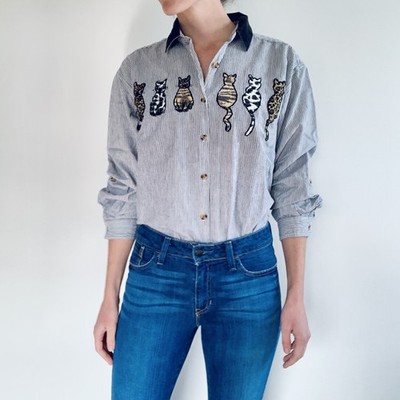 Victoria Jones Cat/Kitten Patch Embroidered Striped Button Down 100% Cotton Top
