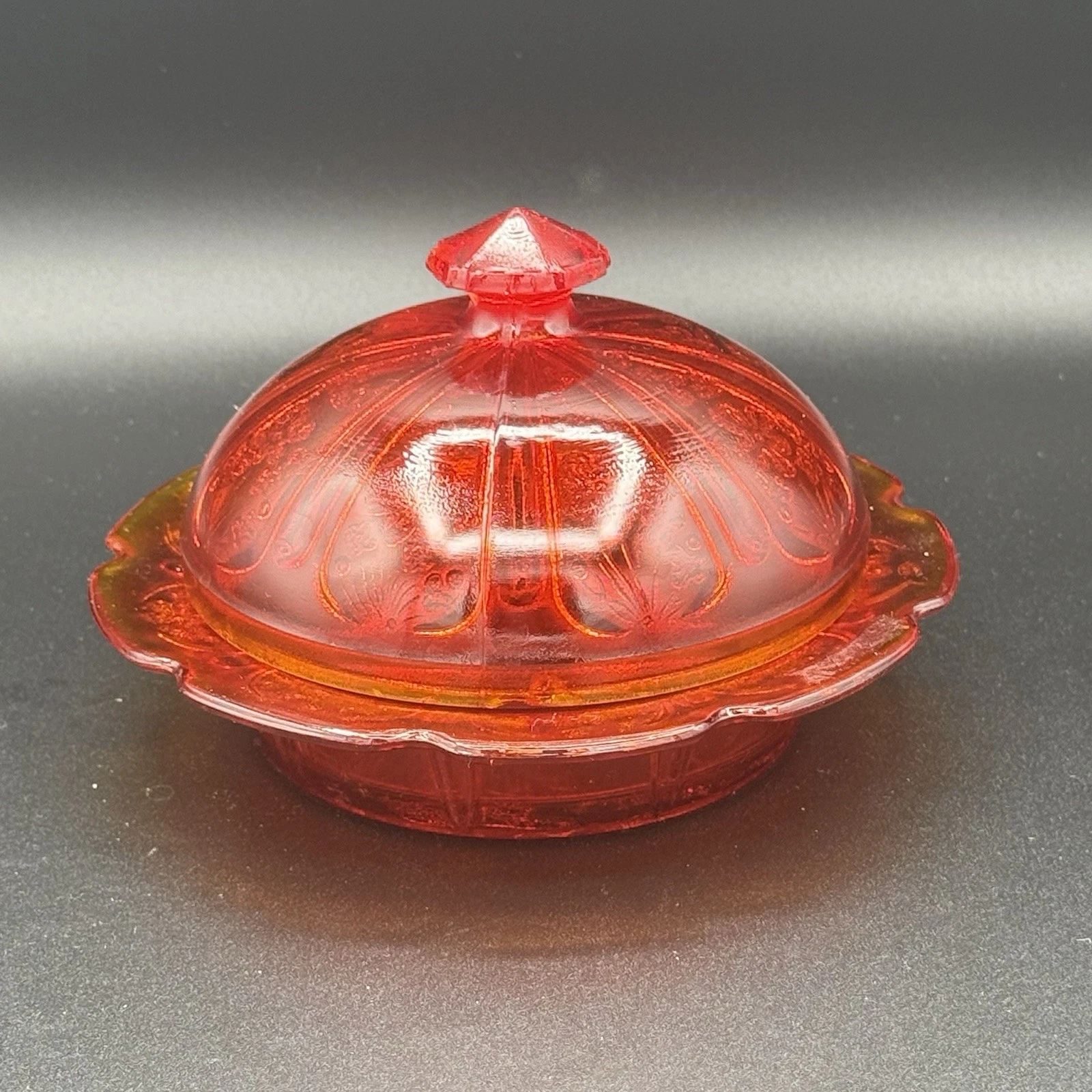 Vintage Jeanette Amberina Glass Covered Butter Dish Cherry Blossom Nice Gradient