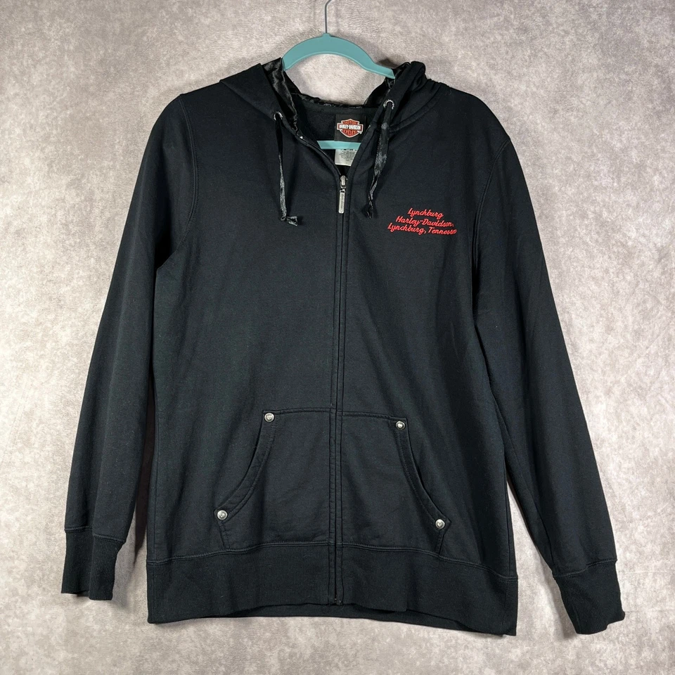 Harley Davidson Hoodie Sweatshirt Womens Large Black Full Zip Sequins Biker  - Image 2 of 4