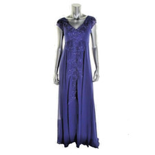 Sue Wong  Blue Chiffon Embellished Empire Chiffon Cap Sleeve Formal Gown 2 NEW