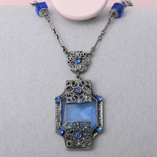Vintage 1930s Art Deco Czech Blue Glass Pendant Necklace