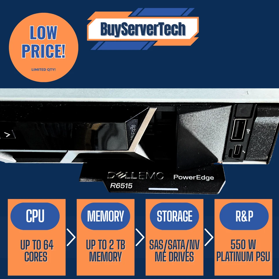 Dell EMC PowerEdge R6515 1U Server AMD EPYC Barebone No CPU RAM SSD - Warranty - Image 2 of 3
