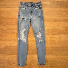 American Eagle Super Hi-Rise medium wash distressed jeggings pants size 6 b11