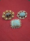 Bundle Of 3 Vintage Brooches With Cabochon Stones In Silver & Gold Tone Setting