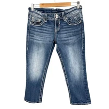 Vigoss Capri Junior 7/8 Blue Designer Bling Embellished Denim Thick Stitch Y2K