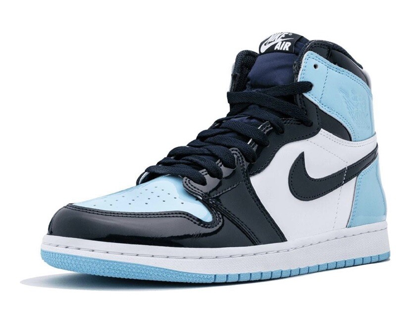 blue and black patent leather jordans