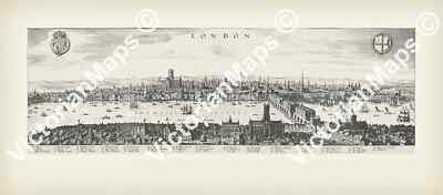 River Thames Old London Bridge antique map panoramic view Merian 1638 art poster
