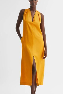 REISS Alda Plunge Neck Maxi Dress Womens Yellow Mustard Relaxed