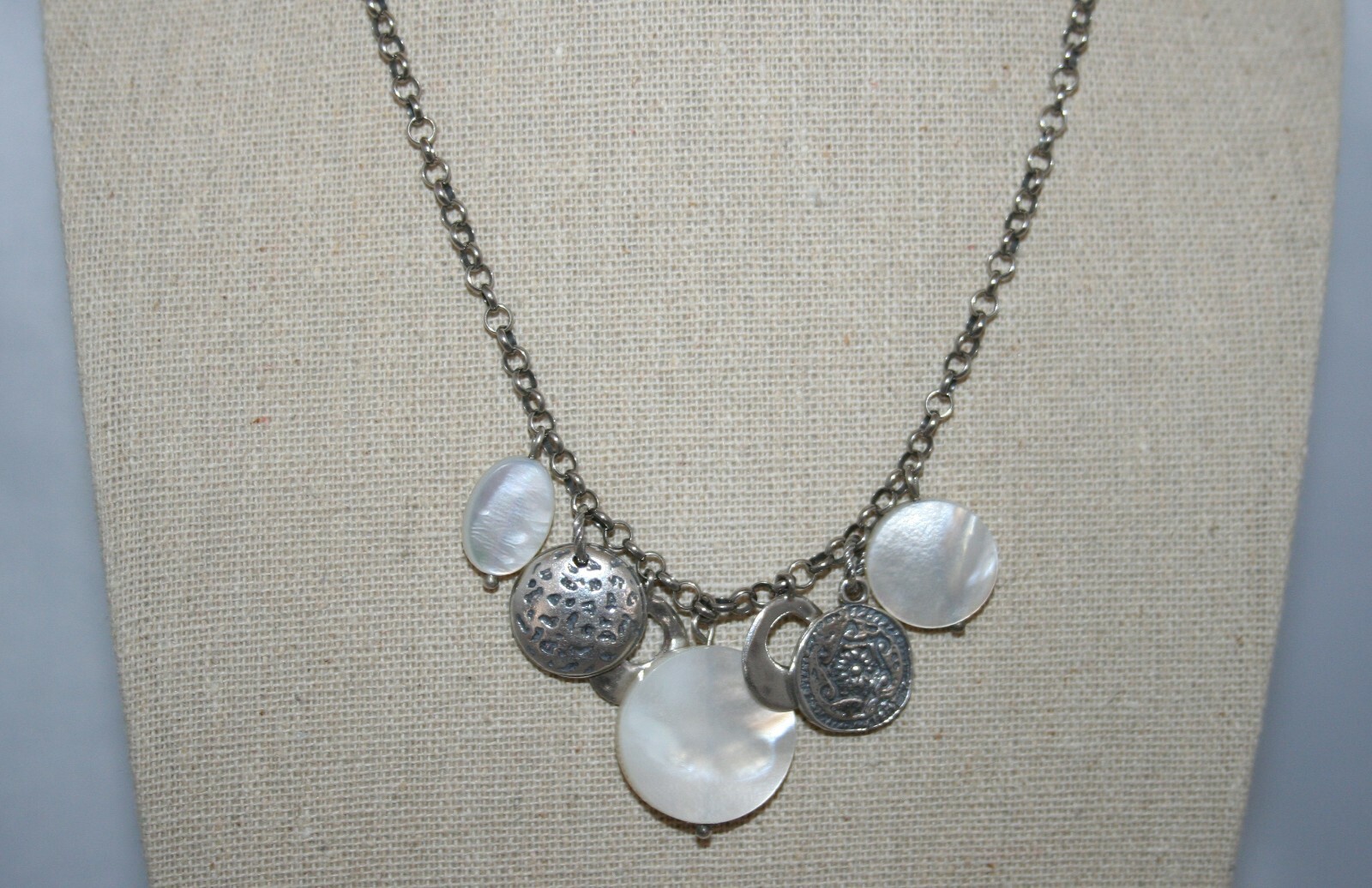 Silpada Oxidized Mother-of-Pearl Circle Charm Sterling Silver Necklace N1830