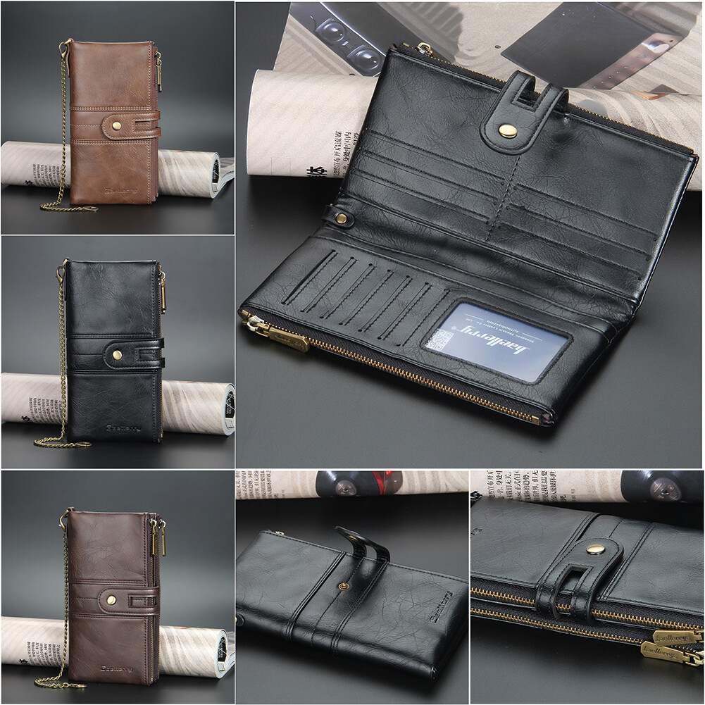 RFID Blocking Mens Bifold Long Wallet Leather Chain Wallet Phone Holder US  STOCK