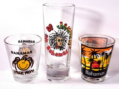 Lot 3 Bahamas Souvenir Shot Glasses We Be Jammin Rasta; Palm Sunset; Smile Mon