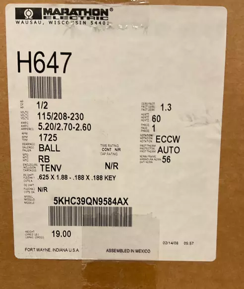 H647 Marathon, 0.50 HP, 1 Ph, 60 Hz, 115/208-230 V, 1800 RPM, 56 Frame, TENV  - Image 2 of 3