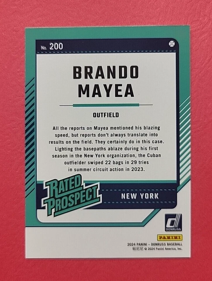 Brando Mayea - New York Yankees - 2024 Donruss - Rated Prospect - #200 - RC - SP - Image 2 of 2