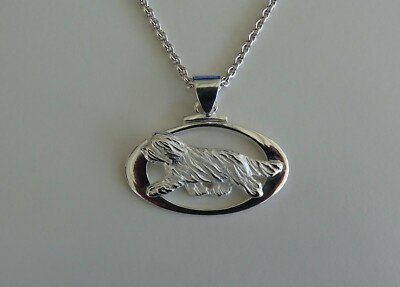 Large Sterling Silver Bearded Collie Moving Study On A Horizontal Oval Frame 
