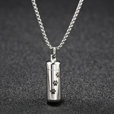 Triple Paw Print Cylinder Cremation Silver Stainless Steel Pendant Necklace