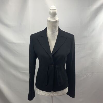 BCBGMaxazria Wool Blend Black Fitted One Button Blazer Tiered Look Kick Pleat S
