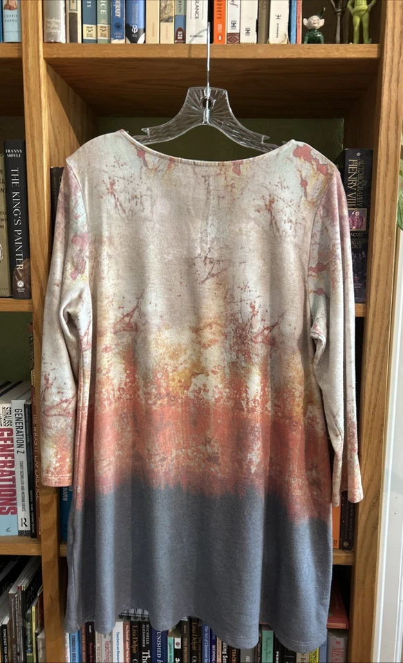 Katina Marie 女式 Hi-Lo 抽象艺术上衣橙色灰色美丽 3/4 袖 M — 第 2/4 张图片