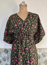 India Black Floral Kaftan Summer Bikini Cover Up Maxi Beach Kimonos Dresses US