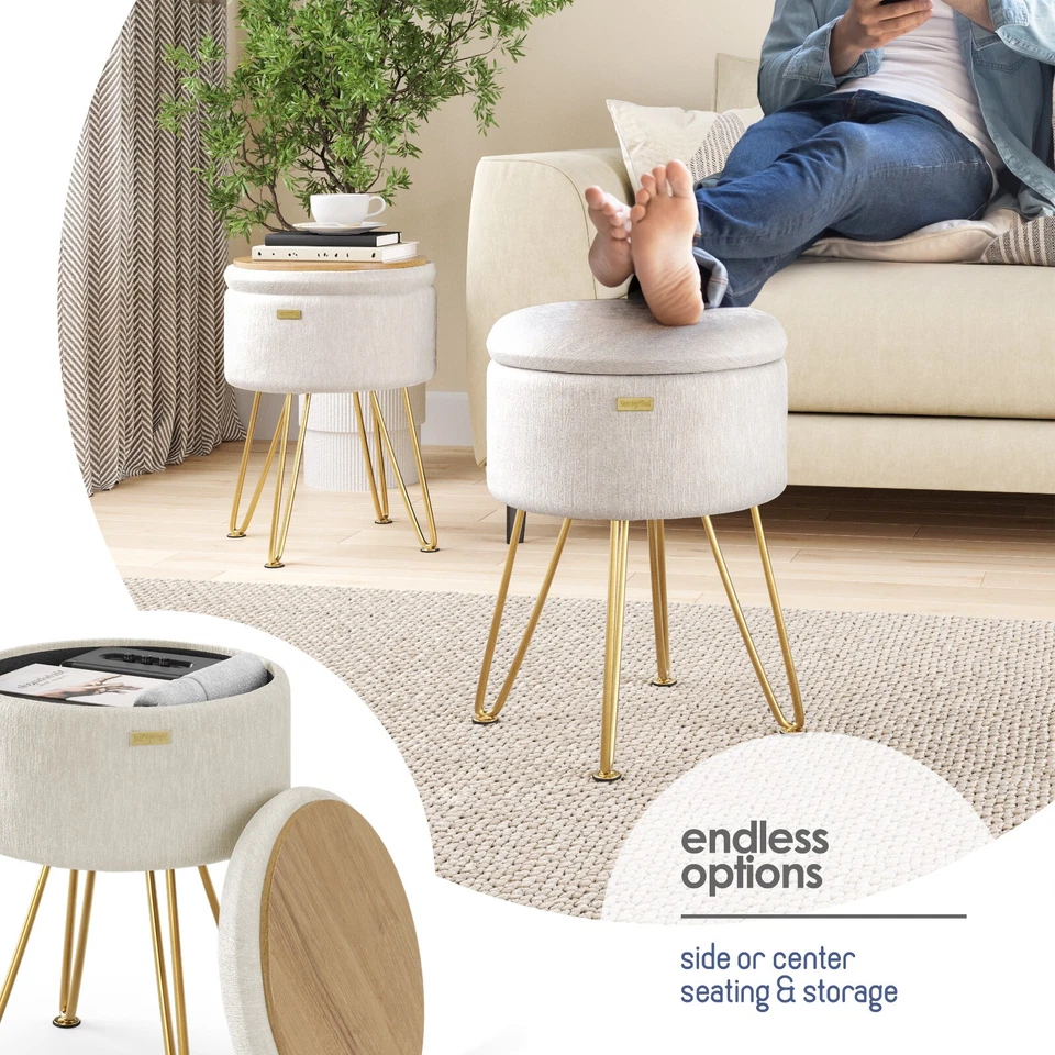 StorageBud Textured Velvet Storage Ottoman, Round Ottoman w/ Storage for Vanity - Image 3 of 4