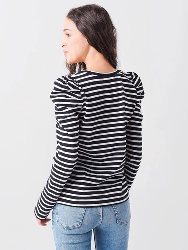 Camiseta Rebecca Minkoff Top Mujer S Talia Rayas Manga Abullonada Negra Blanca - Imagen 18 de 19