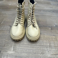 Skechers Beige Leather Combat Ankle Boots Lace-Up Zipper Round Toe US 9