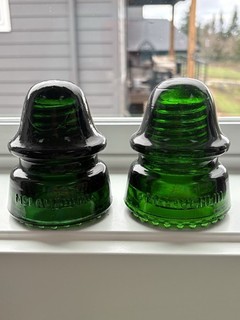 2 CD 162 McLaughlin Glass Insulators VNM Condition. Emerald and Dark Emerald