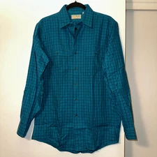 L.L. Bean Vintage Medium Collared Button Down LS Mens Navy Teal Blue Plaid EUC