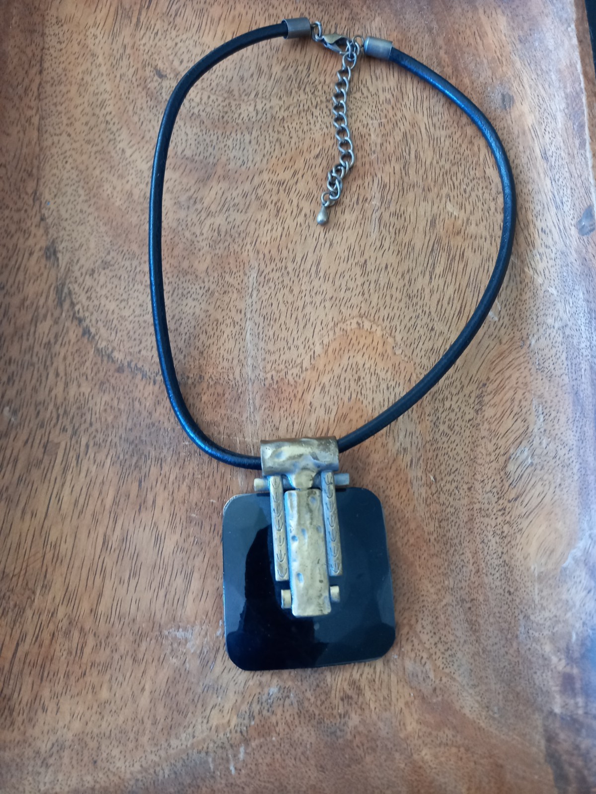 Solid Brass Black Resin Statement Necklace  Leath… - image 2