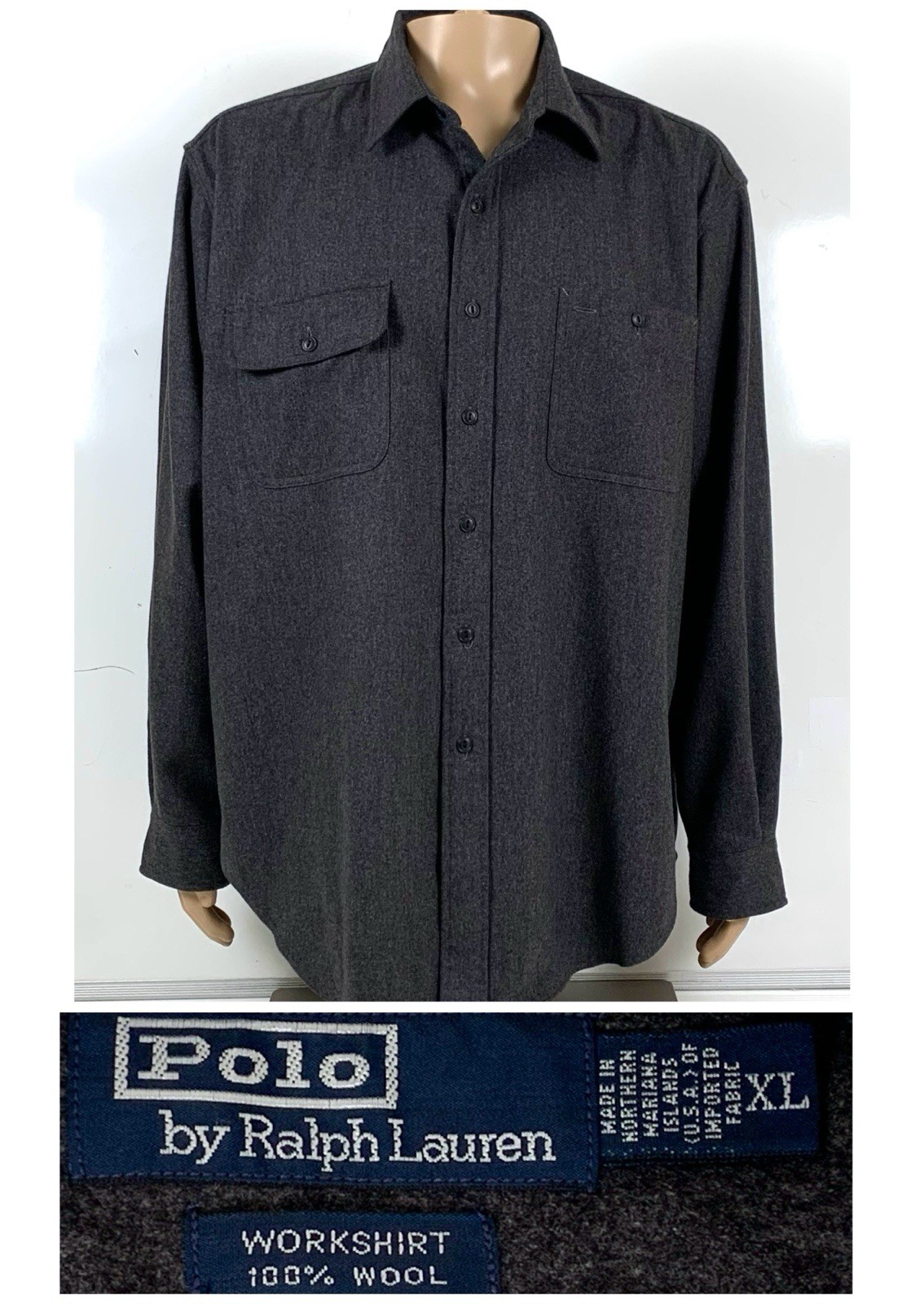 Vintage Polo Ralph Lauren WorkShirt Mens XL Button Up Pockets 90s Gray