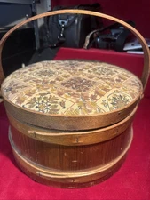 VINTAGE Wood Firkin Sewing Sugar Bucket Barrell Knitting Sewing Basket Box (C1)