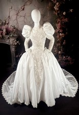 1980s Duchess Satin Wedding Dress, w/Juliet Puff Sleeves  Trailing Train 10/12