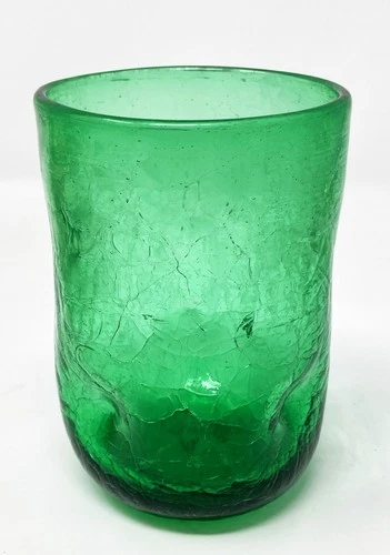 Vintage Green Glass Crackle Dimple Pinched 4 1/2" Tumbler Hand Blown/Blenko