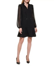 Tommy Hilfiger Ruffled A-Line Dress Womens 8 Black Zipper Closure Long Sleeves