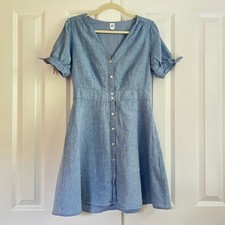 Gap Blue Linen Blend Button Front Puff Sleeve Tie Cuff Fit Flare Dress Size 8