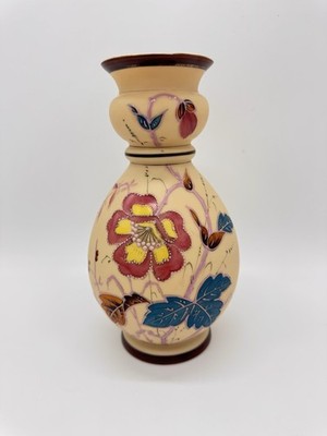 Durand Kimball Fireglow Art Glass Vase Hand Painted Enamel Florals 9  PRISTINE
