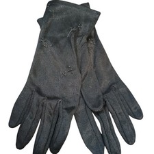 Vintage Black Stretch Nylon Formal Gloves Embroidered Flower USA