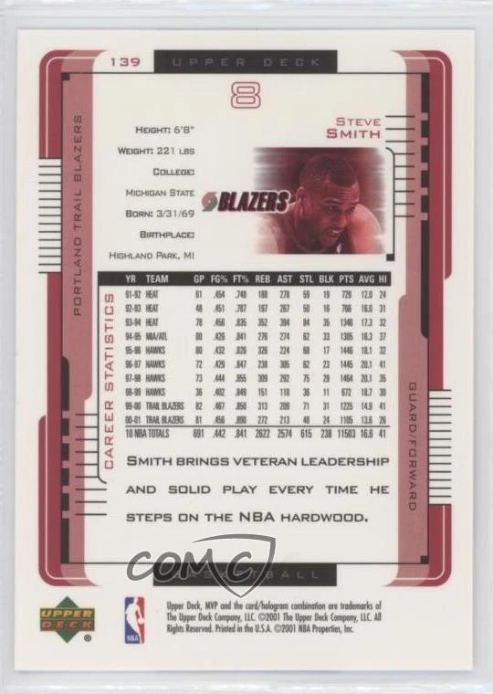 2001-02 Upper Deck MVP Steve Smith #139 - Image 2 of 2