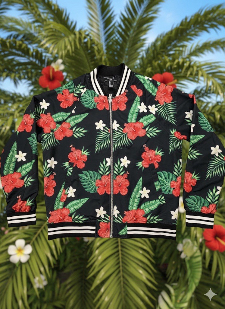 Men's Forever 21 Size Large Floral Tropical Black Red Green Bomber