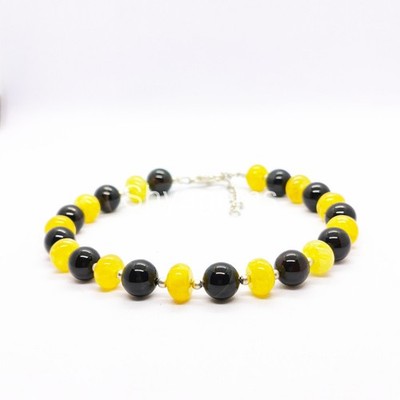 Yellow Jade Black Onyx Beaded Bracelet 8mm Round Smooth Bracelet Yin Yang Gemst