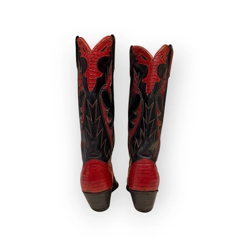 Винтажные женские кожаные сапоги вестерн Dan Post цвет черный/красный с пламенем размер 7C 7011B - Изображение 4 из 4