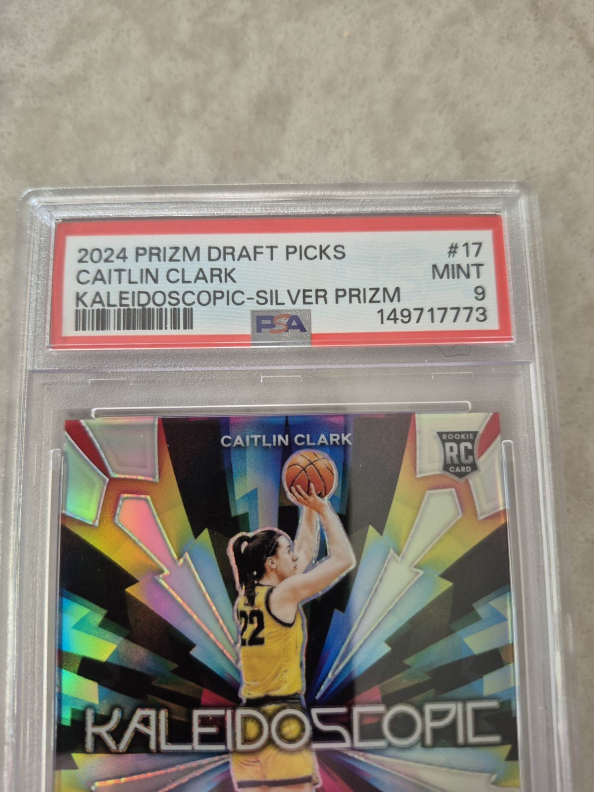 2024 Panini Prizm Draft Picks Caitlin Clark Kaleidoscopic Silver Prizm RC PSA 9 view 4